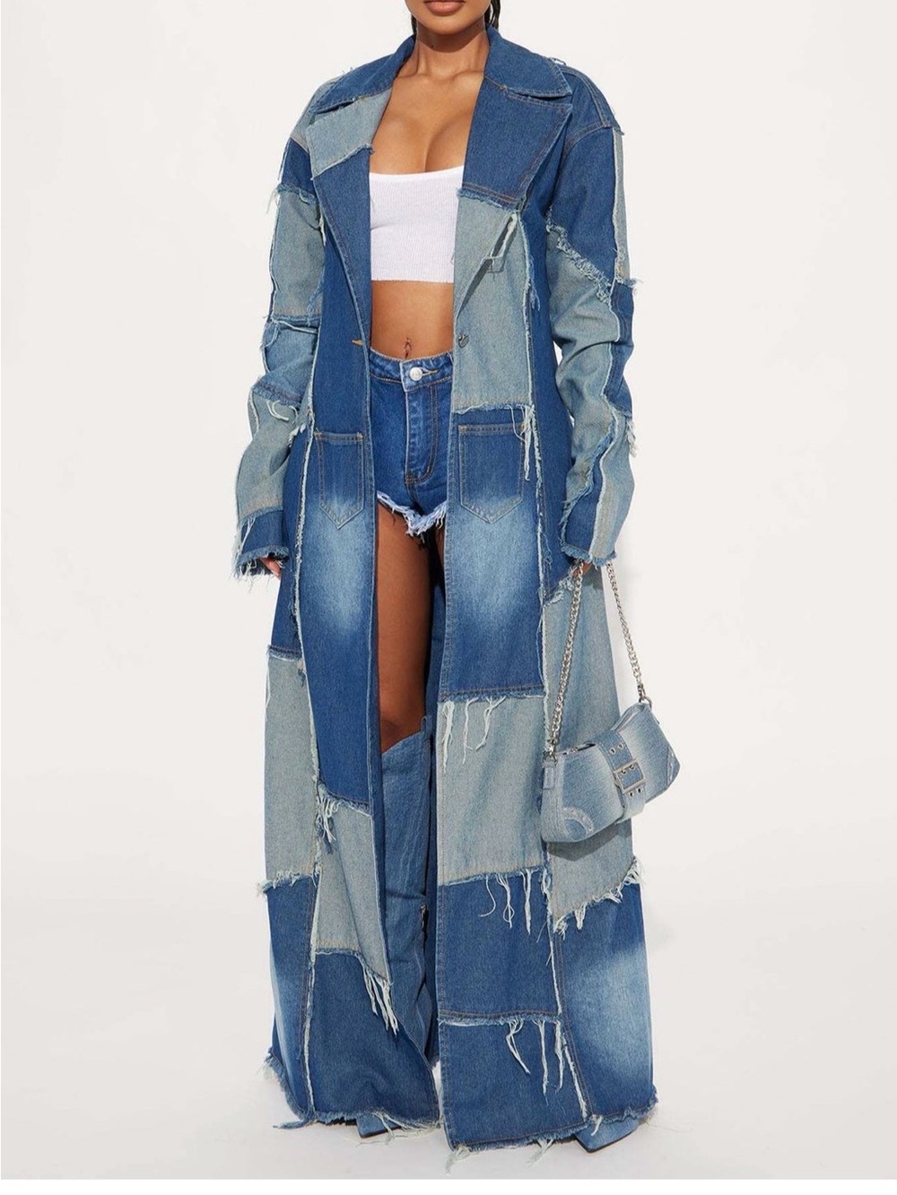 New with tags Patchwork Blue Denim Maxi Jeans Coat - Blue